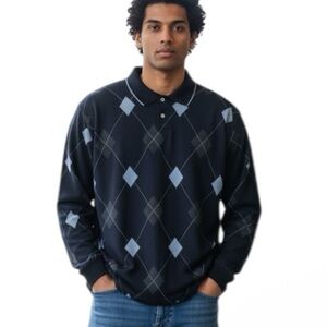 George Mens Blue and Gray Argyle Collared 2 Button Sweater XL